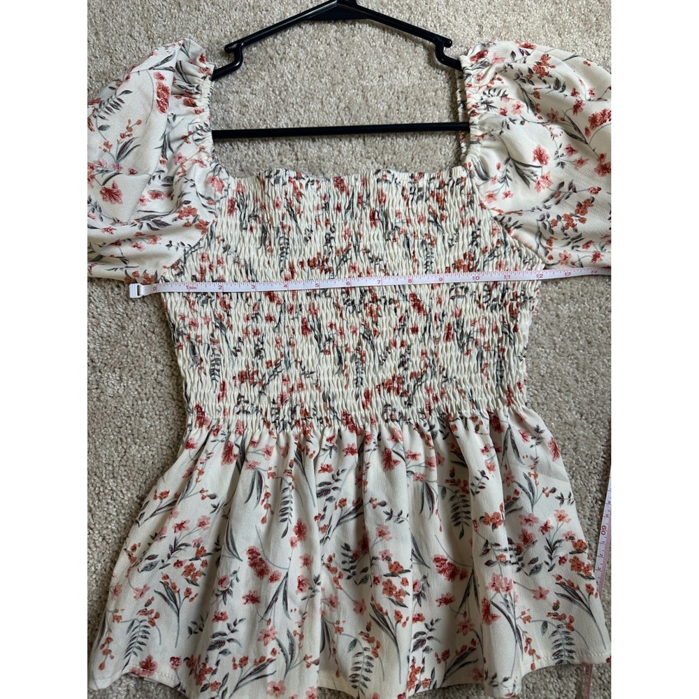 Loness Floral Smocked Peplum Top Square Neck Puff‎ Sleeve Blouse XS - Picture 4 of 5